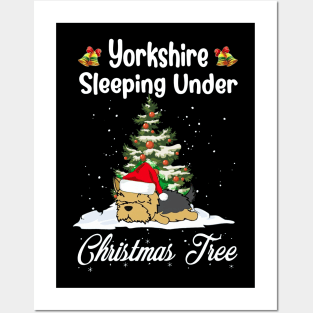 Yorkshire Terrier Sleeping Under Christmas Tree Funny Xmas Posters and Art